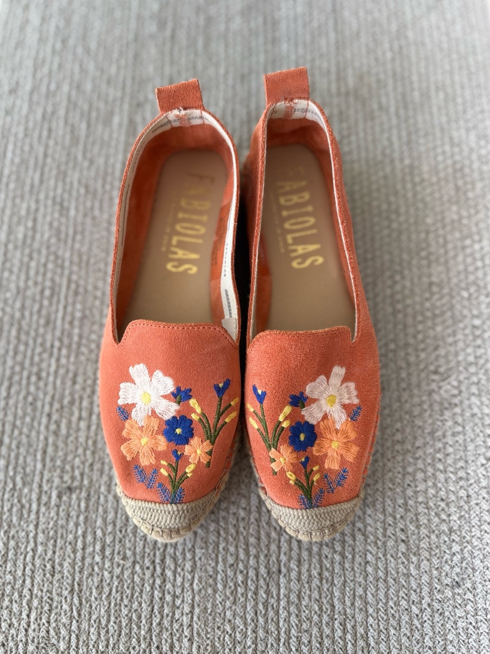 Fabiolas Floral Embroidered Coral Suede Leather Espadrilles Size 38
